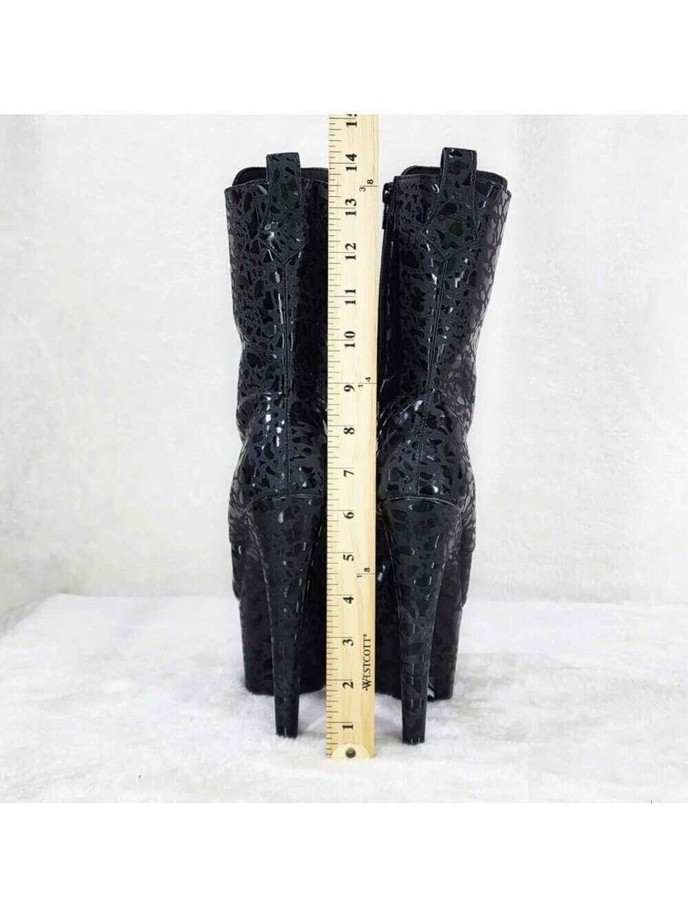 NIB Adore 1040 Black Leopard Hologram 7" High Heel Platform Mid Calf Ankle Boots - Picture 8 of 10